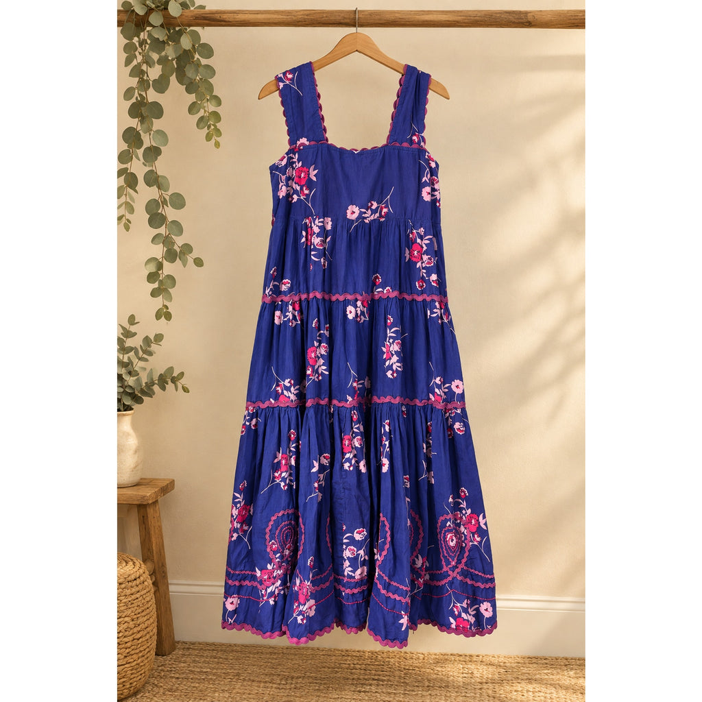 Sister Mary Size S Blue Pink Floral Tiered Maxi Dress Smocked Ric Rac Preloved