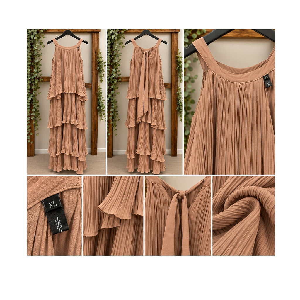 ZESICA Camel Plisse Pleated Tiered Maxi Dress Mock Neck Back Tie Size XL