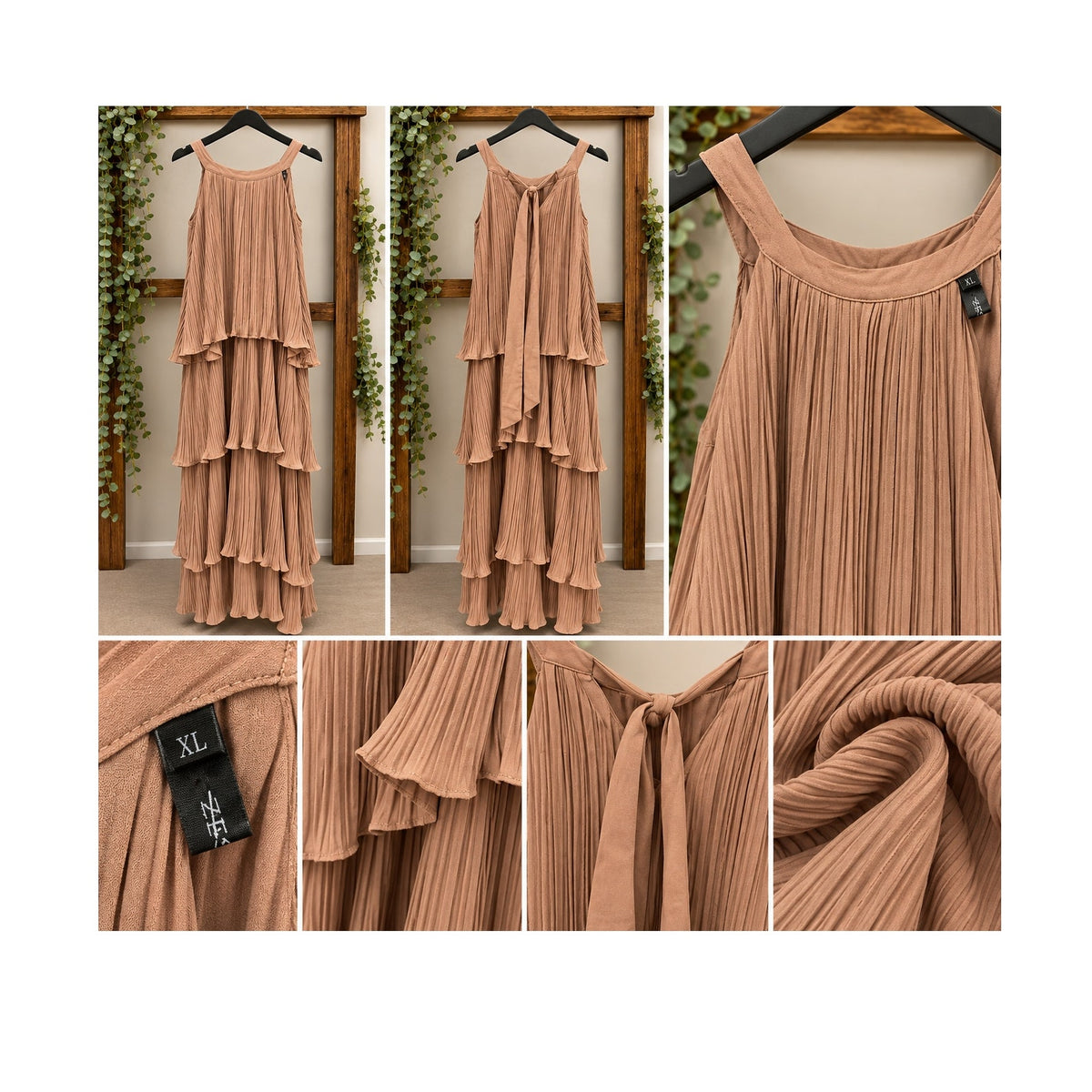 ZESICA Camel Plisse Pleated Tiered Maxi Dress Mock Neck Back Tie Size XL