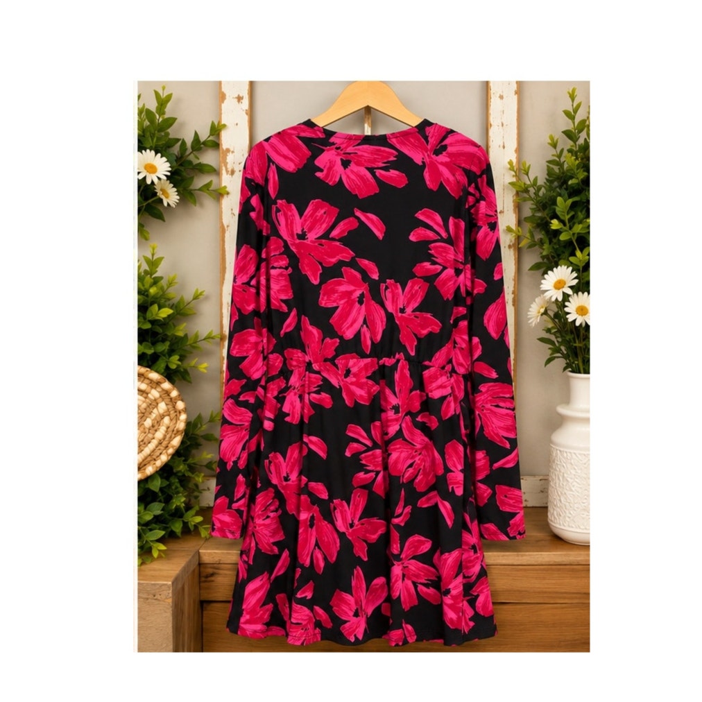Nine West Hot Pink Black Floral Faux Wrap Long Sleeve Dress Womens Size XXL Knit