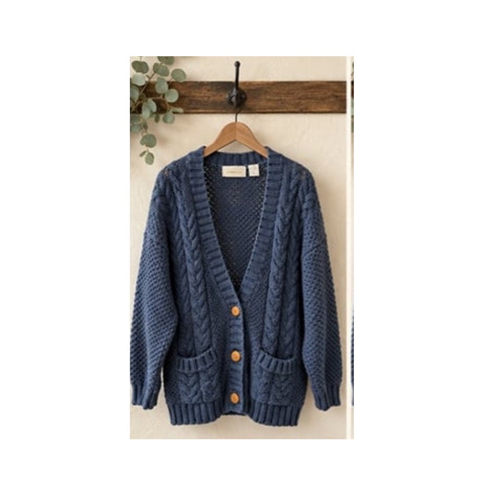 VTG 90s Chunky Wool Cable Knit Cardigan Grandpa Sweater Blue L M