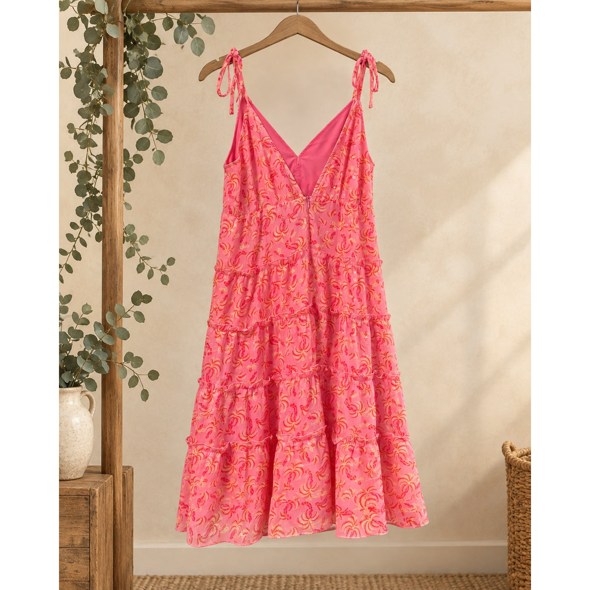 Tuckernuck Lili Sidonio Pink Orange Floral Tiered Midi Dress Size M Tie Strap V