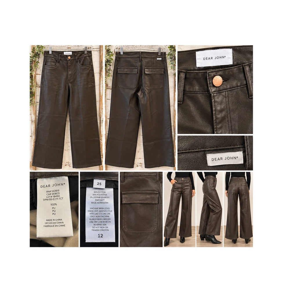 Dear John Fiona High Rise Espresso Brown Faux Leather Wide Leg Pants 25