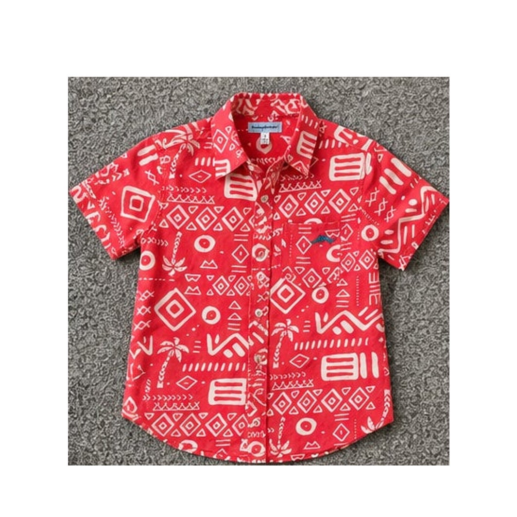 Tommy Bahama Boys 7 Red Geo Tribal Aztec Marlin Short Sleeve Button Up