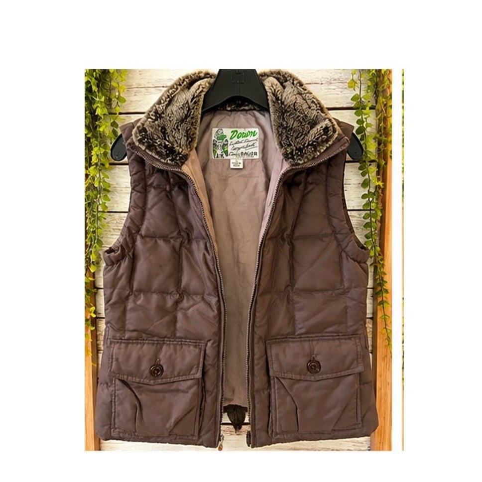 Eddie Bauer Women Yukon EB550 Down Puffer Vest Faux Fur Brown S