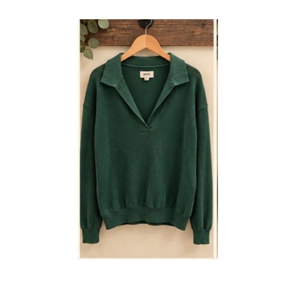 Pact Organic Cotton Polo V Neck Sweater Green Long Sleeve Womens M