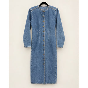 Vintage ZENA Denim Maxi Dress Size 7 Acid Wash Button Front Long Sleeve Preloved