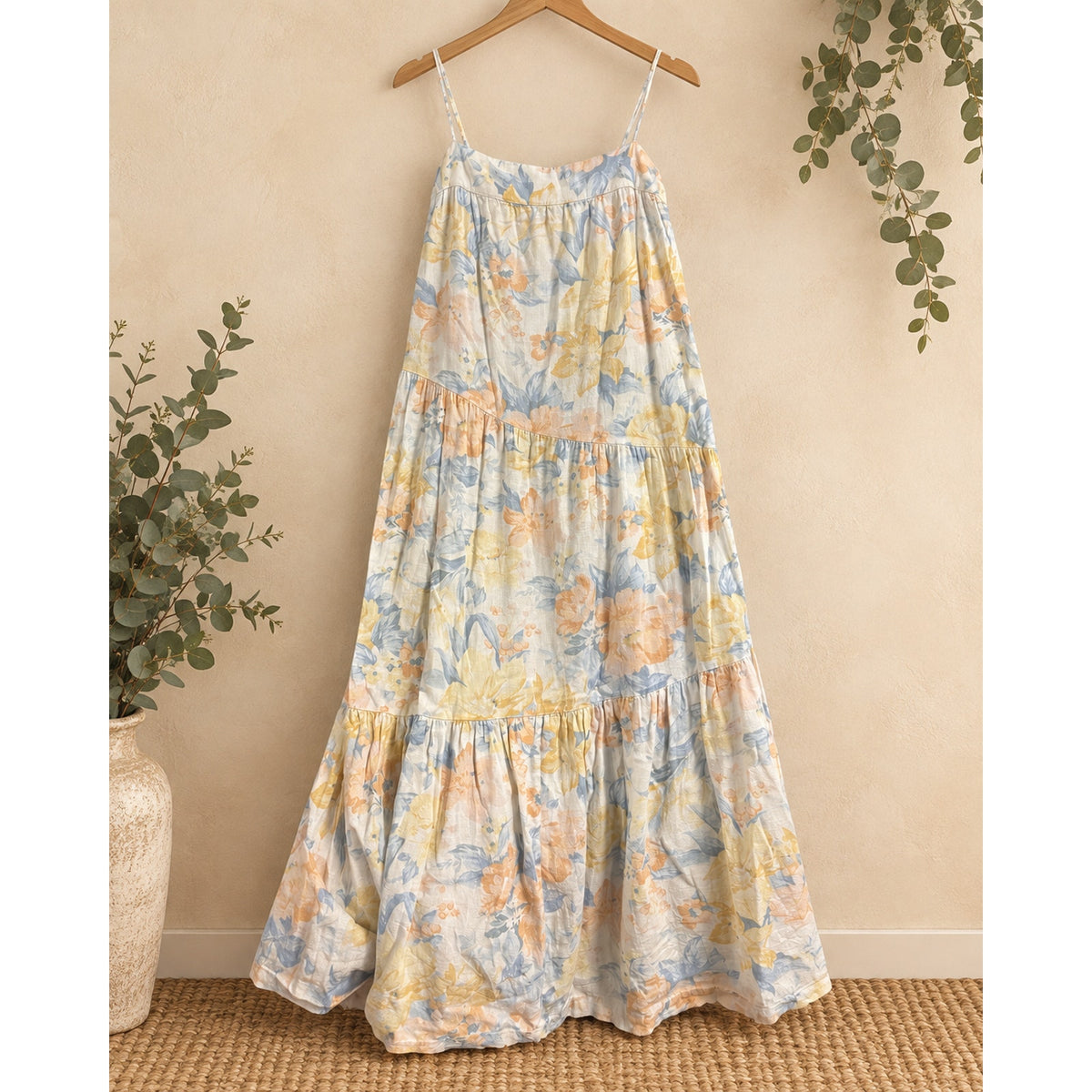 Abercrombie & Fitch Medium Asymmetrical Tiered Maxi Dress Floral Linen Yellow