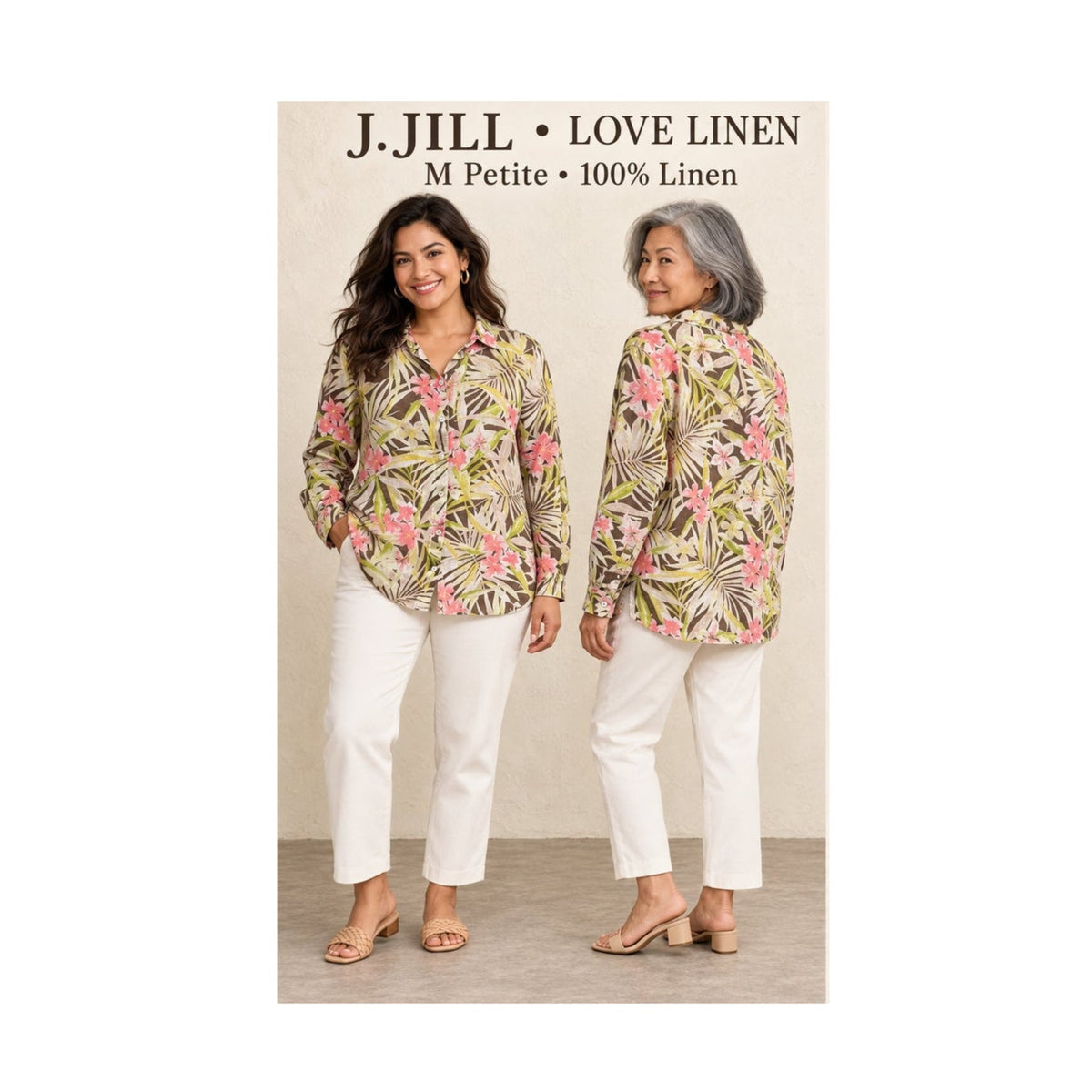 J. Jill Love Linen M Petite Tropical Palm Floral Button Up Blouse Top