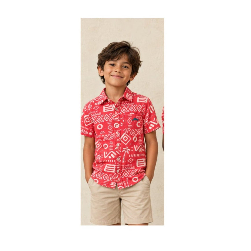 Tommy Bahama Boys 7 Red Geo Tribal Aztec Marlin Short Sleeve Button Up
