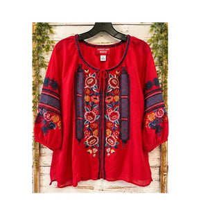 Johnny Was Workshop Red Ramie Floral Bird Embroidered Boho Blouse L