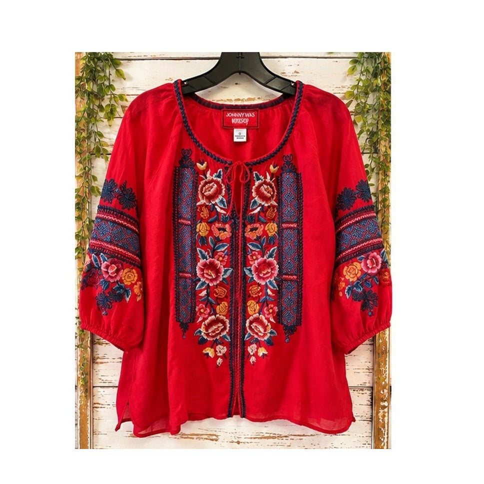 Johnny Was Workshop Red Ramie Floral Bird Embroidered Boho Blouse L