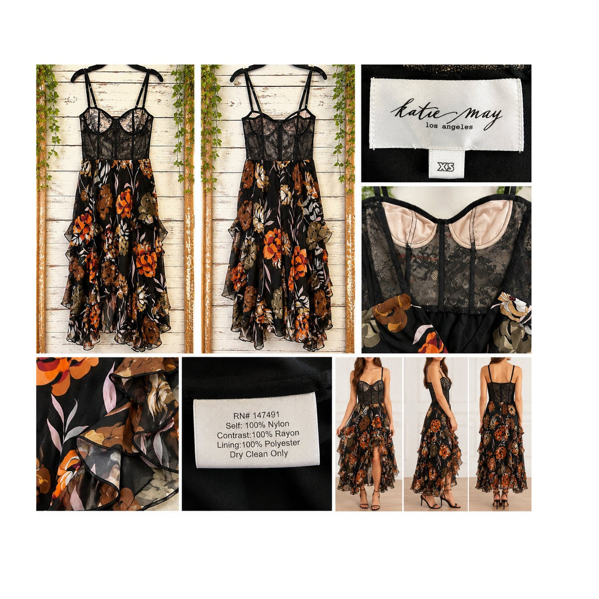 Katie May Take a Sip Dress Black 70s Floral Lace High Low Mid XS