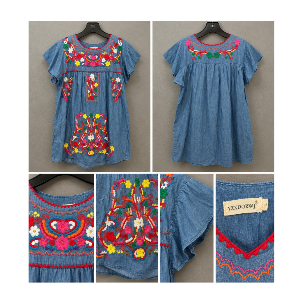 YZXDORWJ Mexican Floral Embroidered Denim Dress – Boho Flutter Sleeve Shift (Size Large)