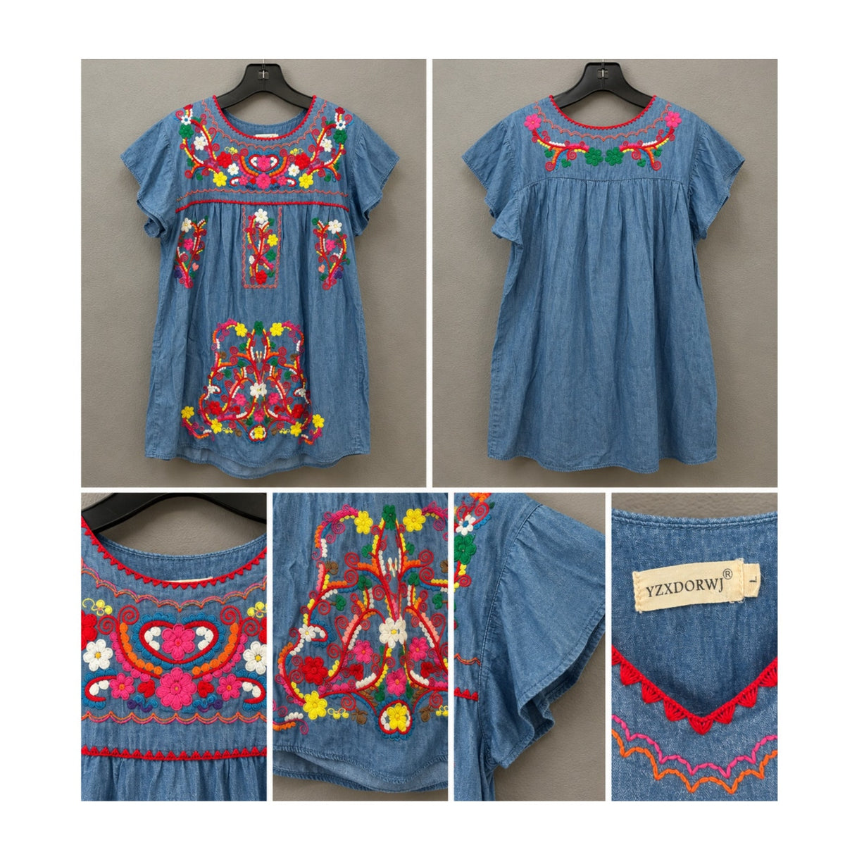 YZXDORWJ Mexican Floral Embroidered Denim Dress – Boho Flutter Sleeve Shift (Size Large)