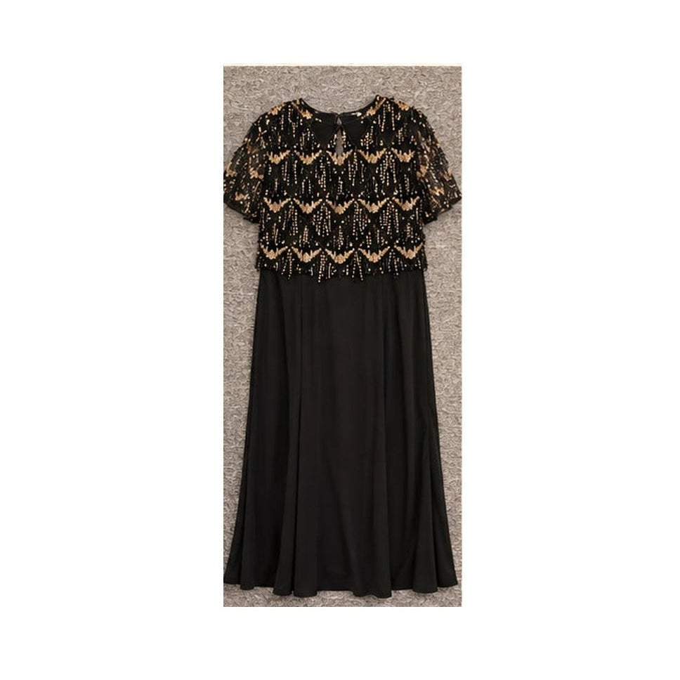 NWT JJ's House XXL Black Gold Sequin Beaded Formal Evening Maxi Dress