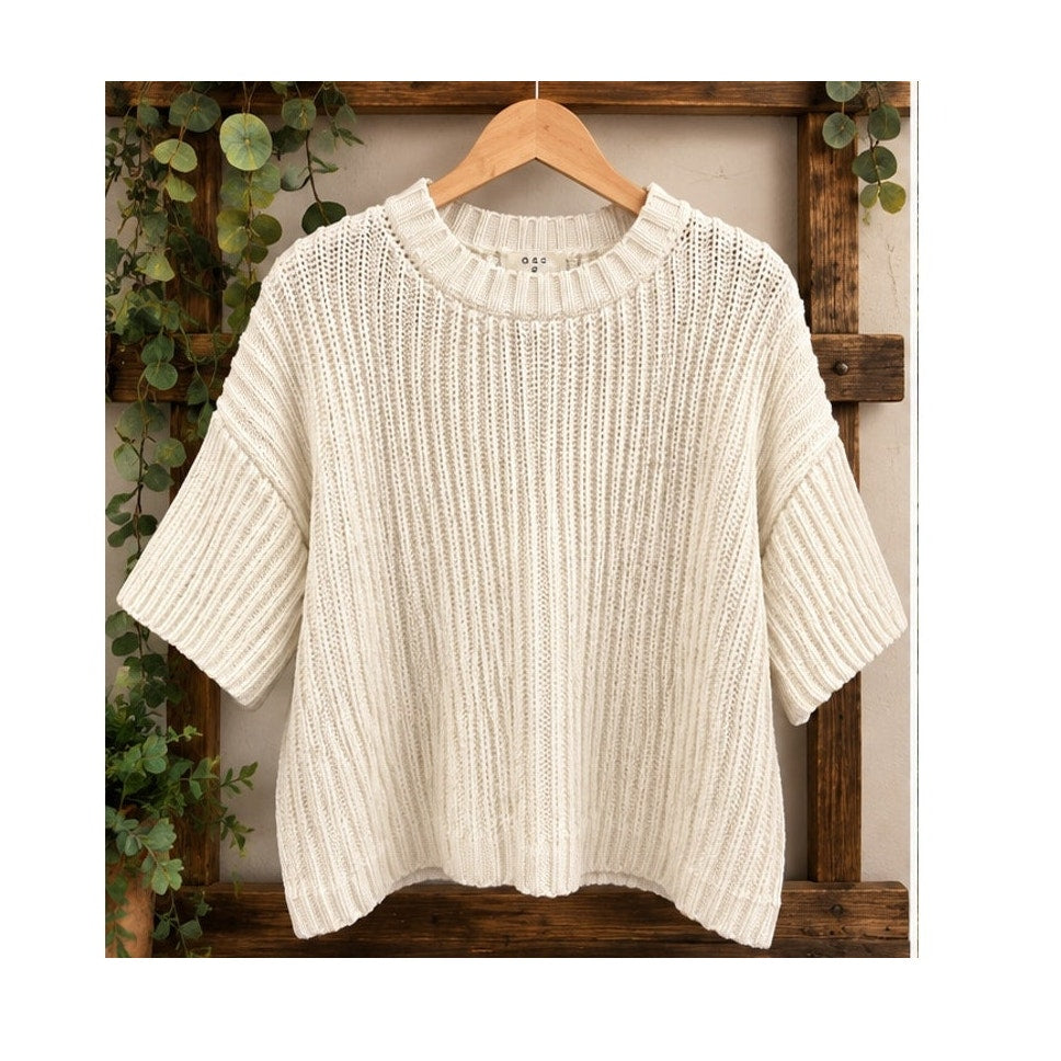 One Grey Day OGD Ribbed Knit Sweater Tee Cream Short Sleeve Slouchy Small S