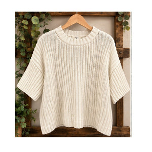 One Grey Day OGD Ribbed Knit Sweater Tee Cream Short Sleeve Slouchy Small S