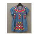 YZXDORWJ Mexican Floral Embroidered Denim Dress – Boho Flutter Sleeve Shift (Size Large)