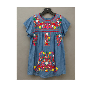 YZXDORWJ Mexican Floral Embroidered Denim Dress – Boho Flutter Sleeve Shift (Size Large)