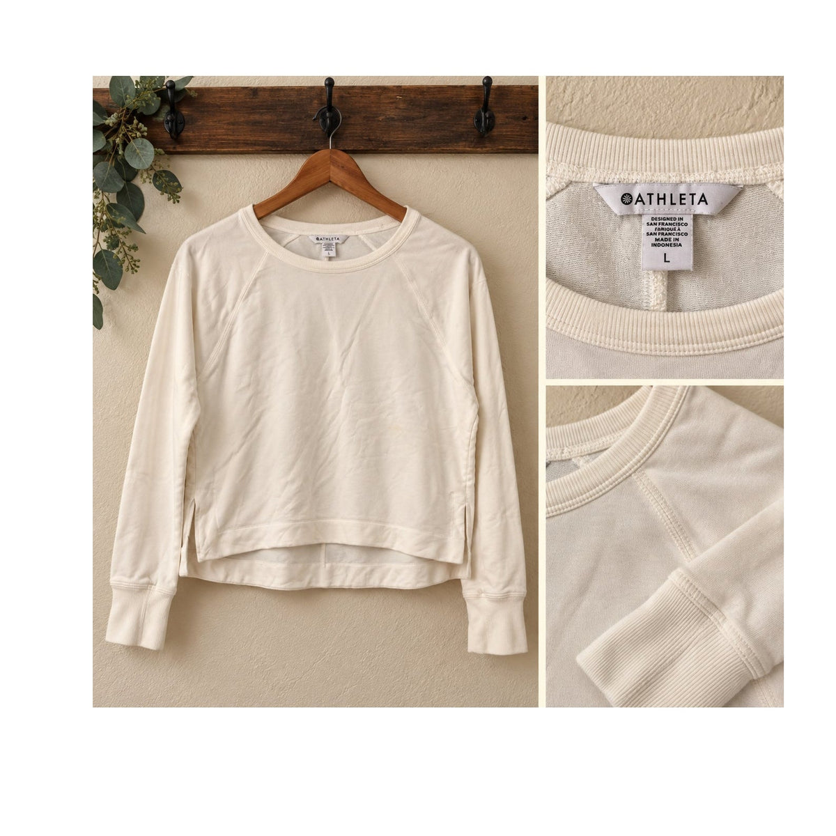 Athleta Ivory Raglan Long Sleeve High Low Pullover Top Size L