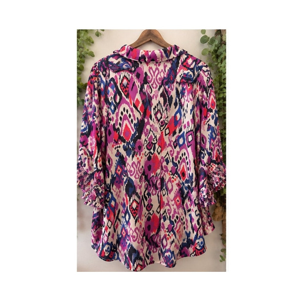 Umgee Boho Ikat Print Tunic Blouse Medium Geometric Smocked Sleeve Top