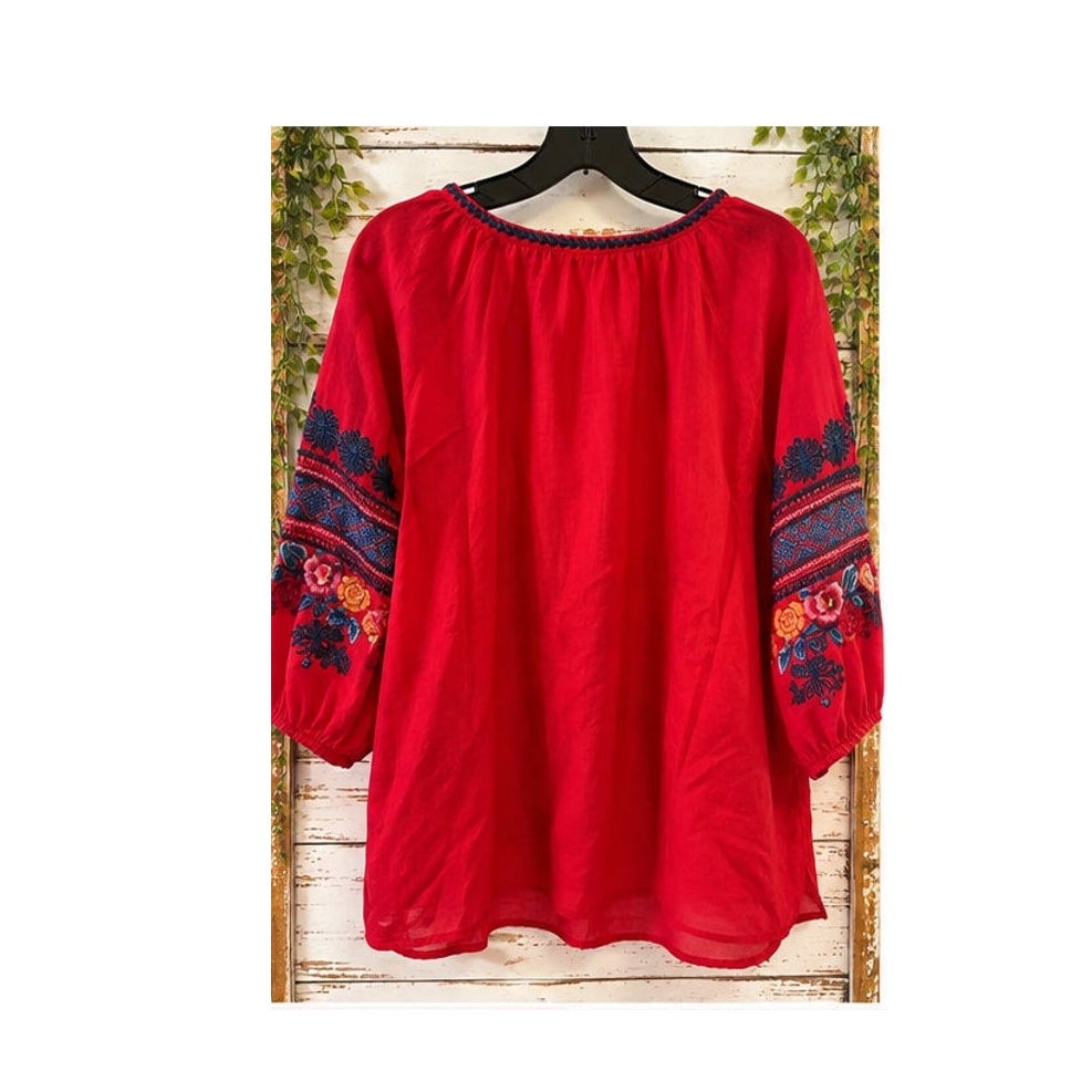 Johnny Was Workshop Red Ramie Floral Bird Embroidered Boho Blouse L