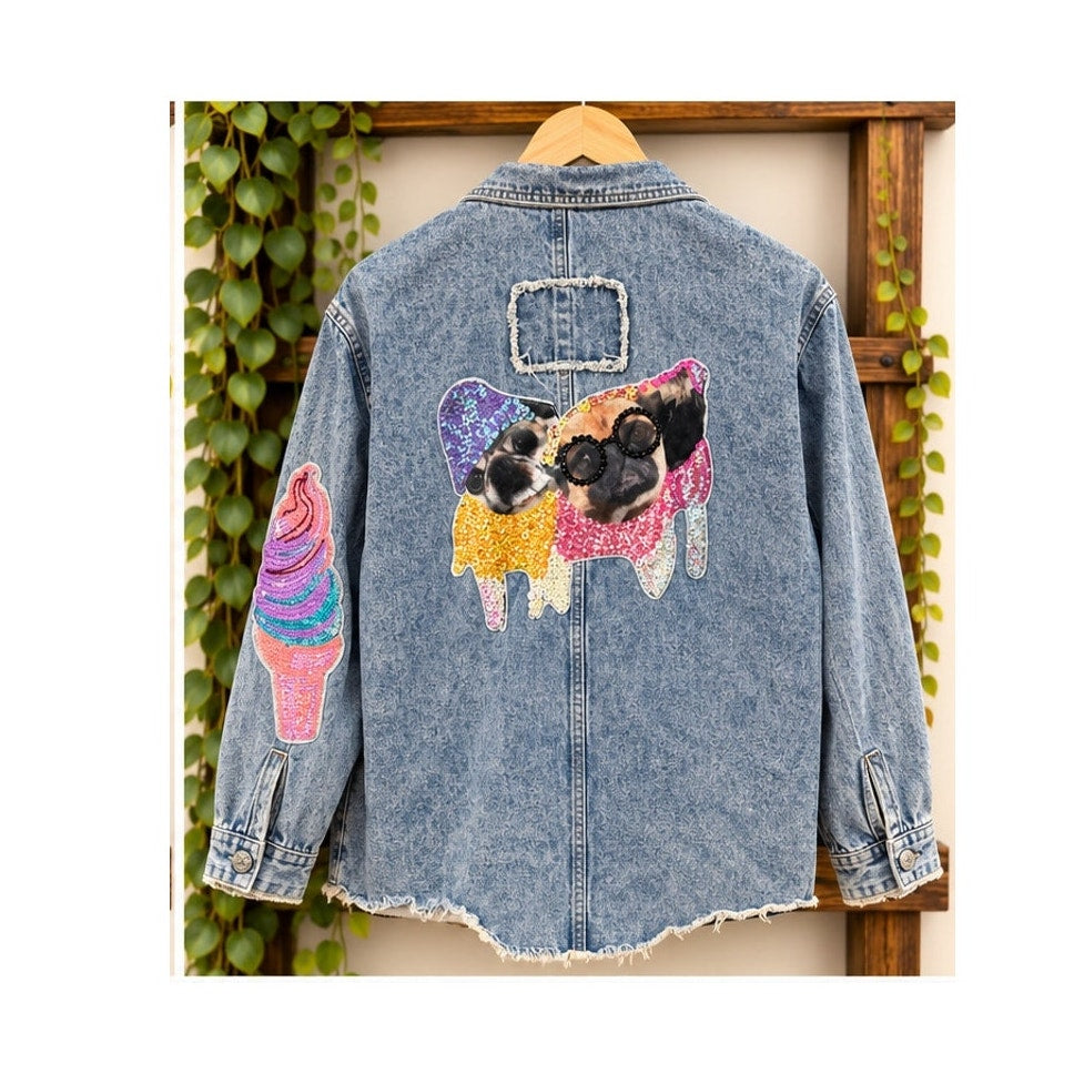 Blue Velvet Sequin Patch Denim Jacket Small Raw Hem Pug Popcorn Shacket