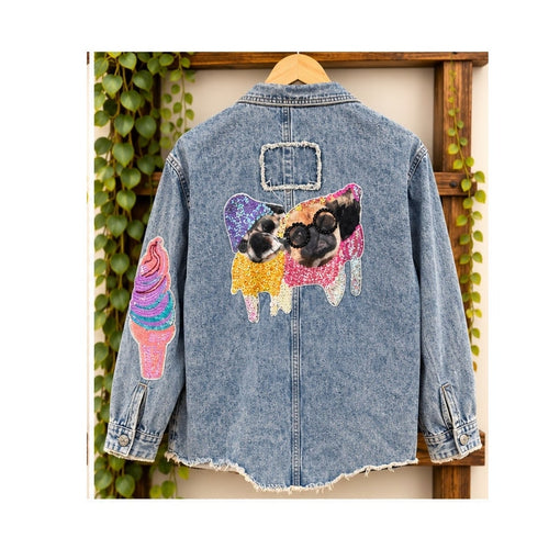 Blue Velvet Sequin Patch Denim Jacket Small Raw Hem Pug Popcorn Shacket