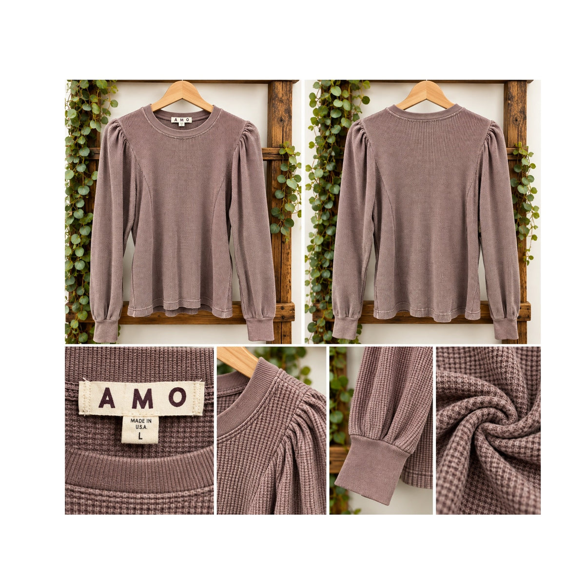 AMO Denim Girly Thermal Top Puff Shoulder Waffle Knit Bloodstone Mauve Size L