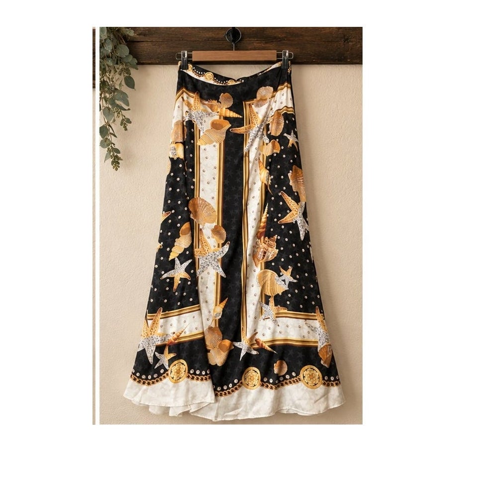 GUESS Dora Black Gold Seashell Starfish Chain Scarf Print Maxi Skirt L