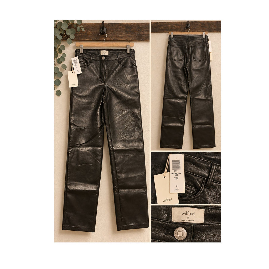 NWT Wilfred Aritzia Melina Low Rise Black Vegan Leather Pants Size 0