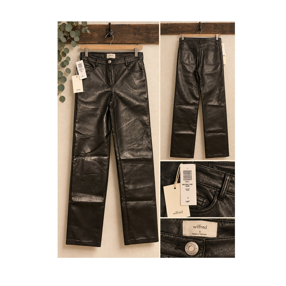 NWT Wilfred Aritzia Melina Low Rise Black Vegan Leather Pants Size 0