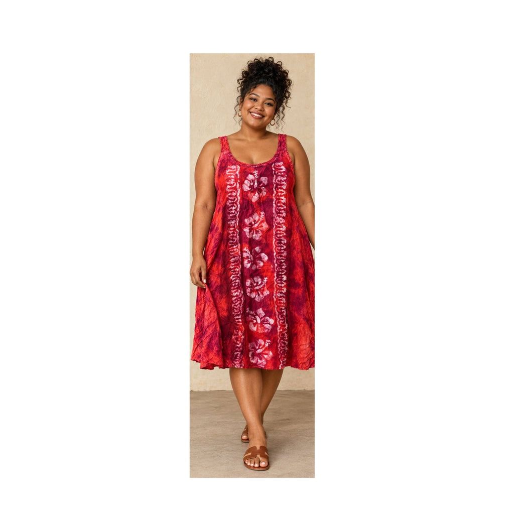 Raya Sun Dress Womens XL Red Pink Hibiscus Cotton Blend Tie Back Mini