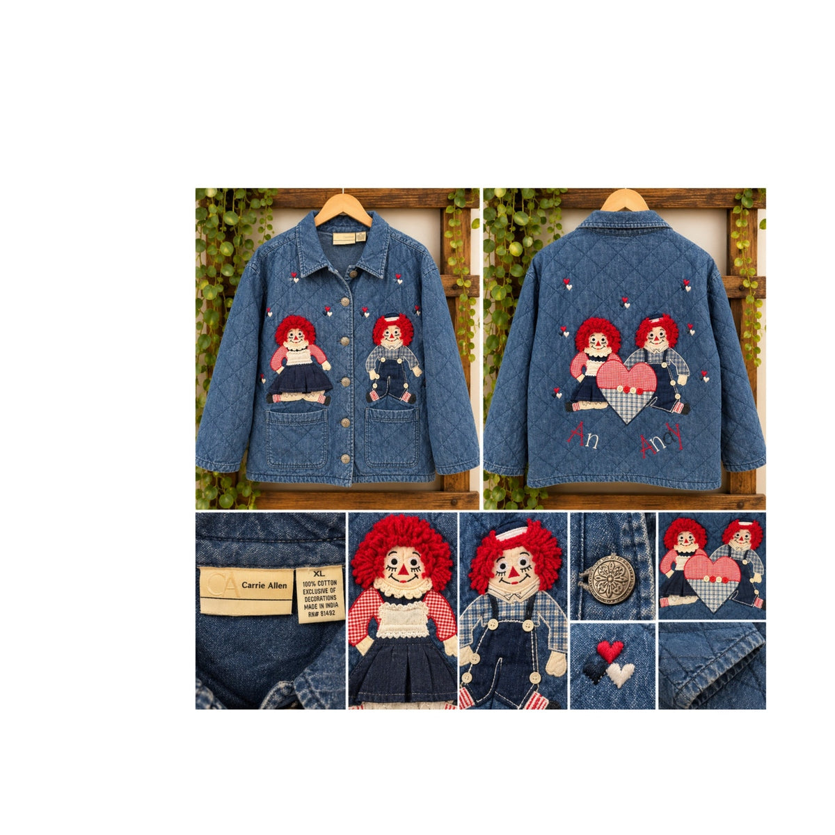 VTG Carrie Allen Quilted Denim Jacket XL Raggedy Ann Andy Folk Art Cottagecore