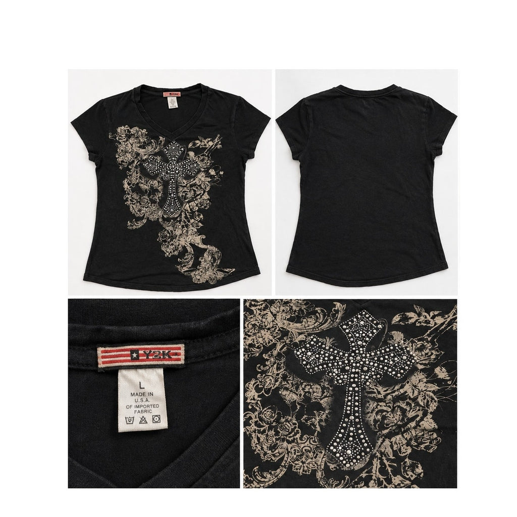 Vintage Y2K Brand Rhinestone Gothic Cross Filigree Graphic V-Neck Tee Black L