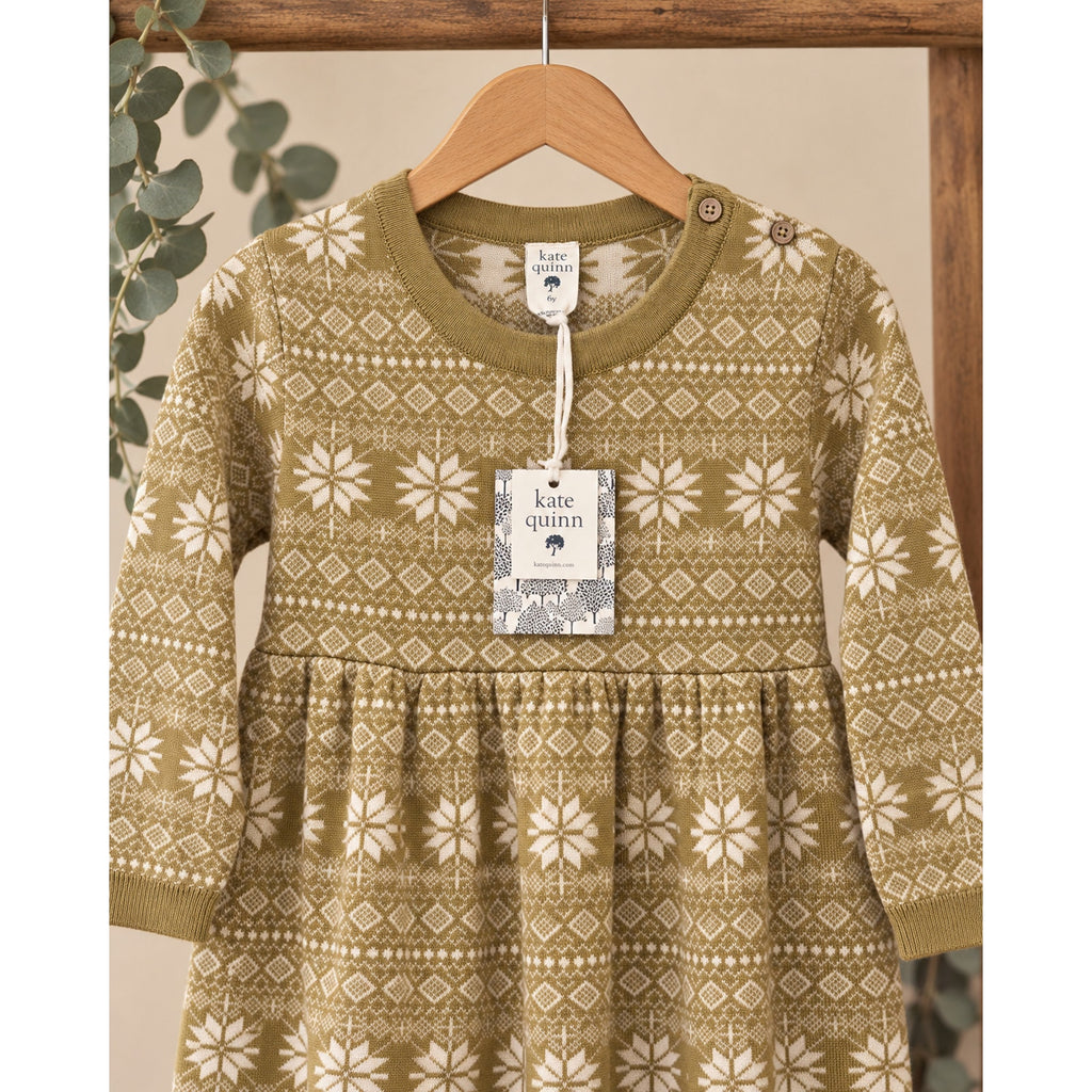 NWT Kate Quinn Girls 6Y Fair Isle Knit Sweater Dress Olive Cream Snowflake