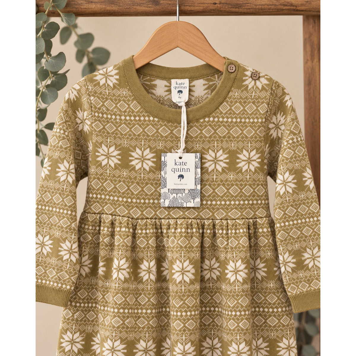 NWT Kate Quinn Girls 6Y Fair Isle Knit Sweater Dress Olive Cream Snowflake