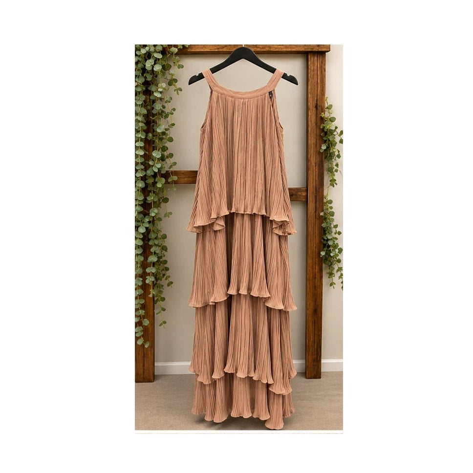 ZESICA Camel Plisse Pleated Tiered Maxi Dress Mock Neck Back Tie Size XL