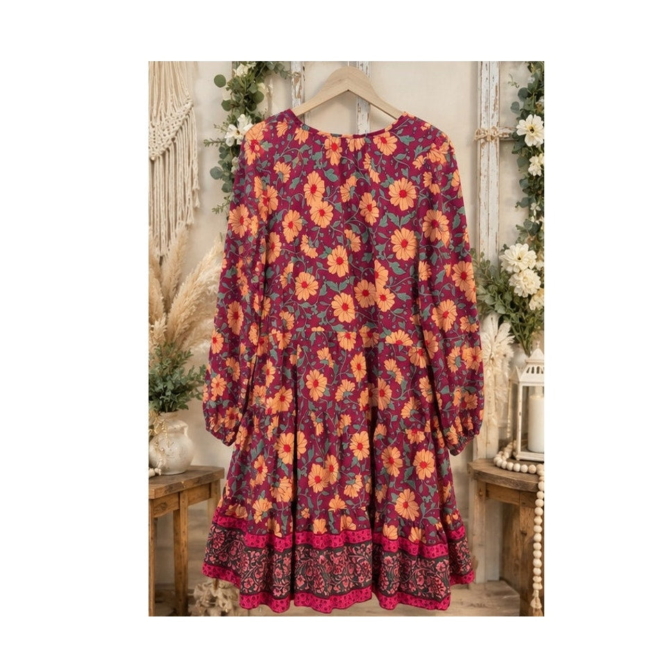 Easel Los Angeles Floral Patchwork Tiered Babydoll Mini Dress Womens Large Boho