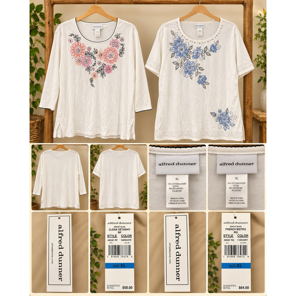 NWT Alfred Dunner Lot of 2 Women’s XL Embroidered Ivory Tops Short & 3/4 Sleeve