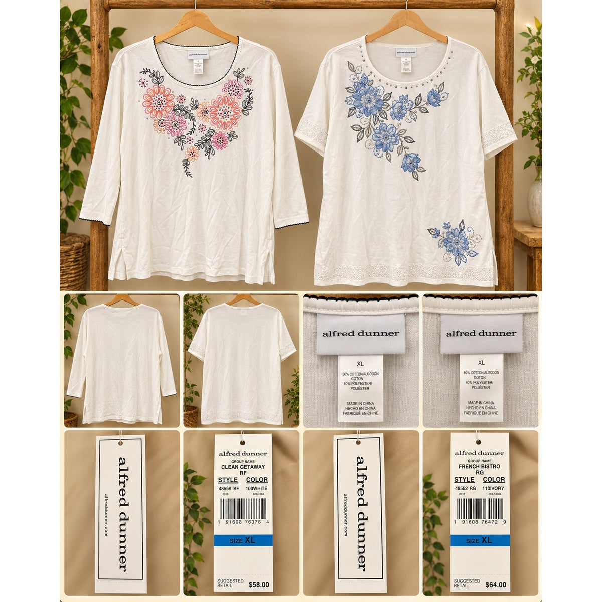 NWT Alfred Dunner Lot of 2 Women’s XL Embroidered Ivory Tops Short & 3/4 Sleeve