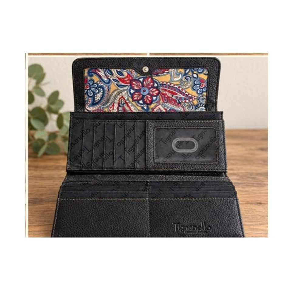 Tignanello Black Pebbled Leather Continental Flap Wallet Paisley Lined