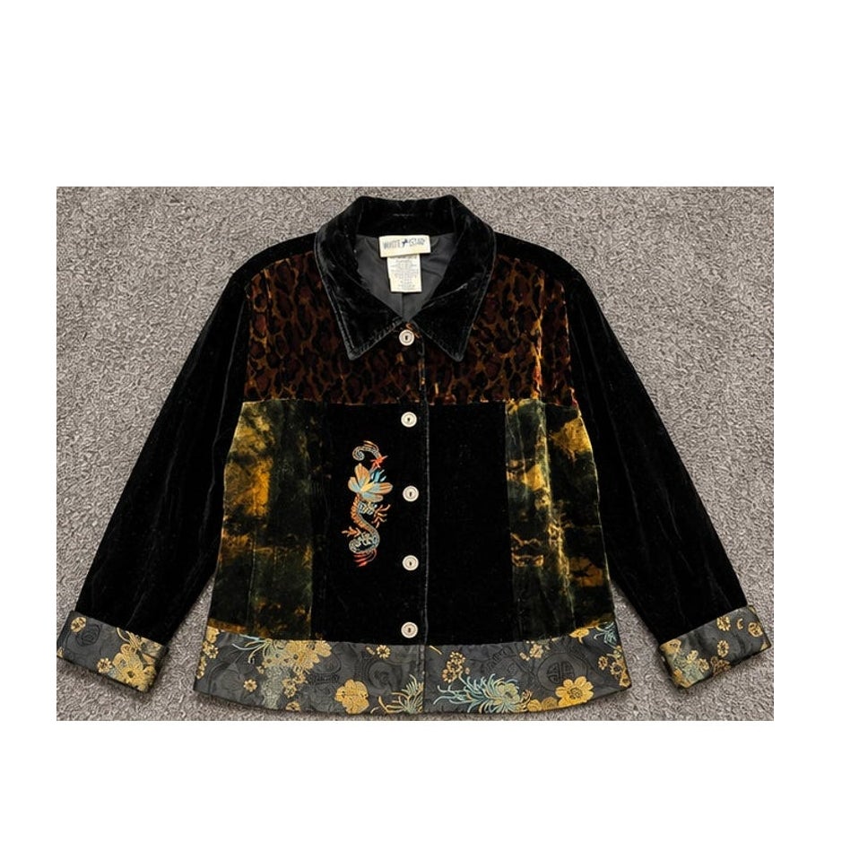 Vintage 90s White Stag Black Velvet Patchwork Embroidered Jacket L