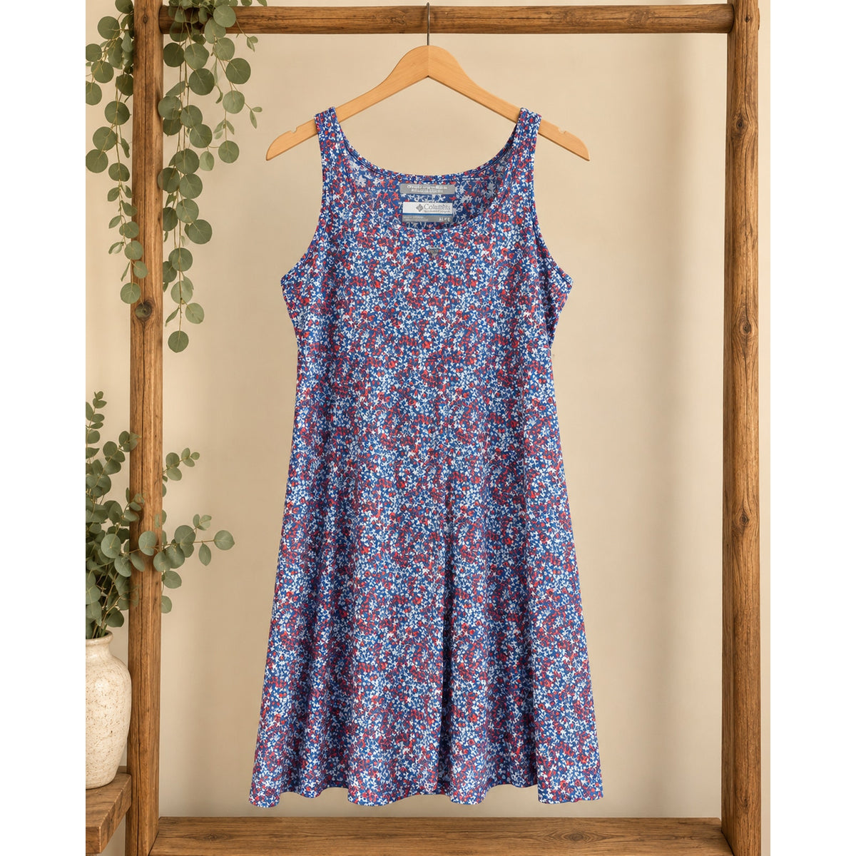 Columbia Omni-Freeze Floral Tank Dress XL Blue Red White Stretch Preloved