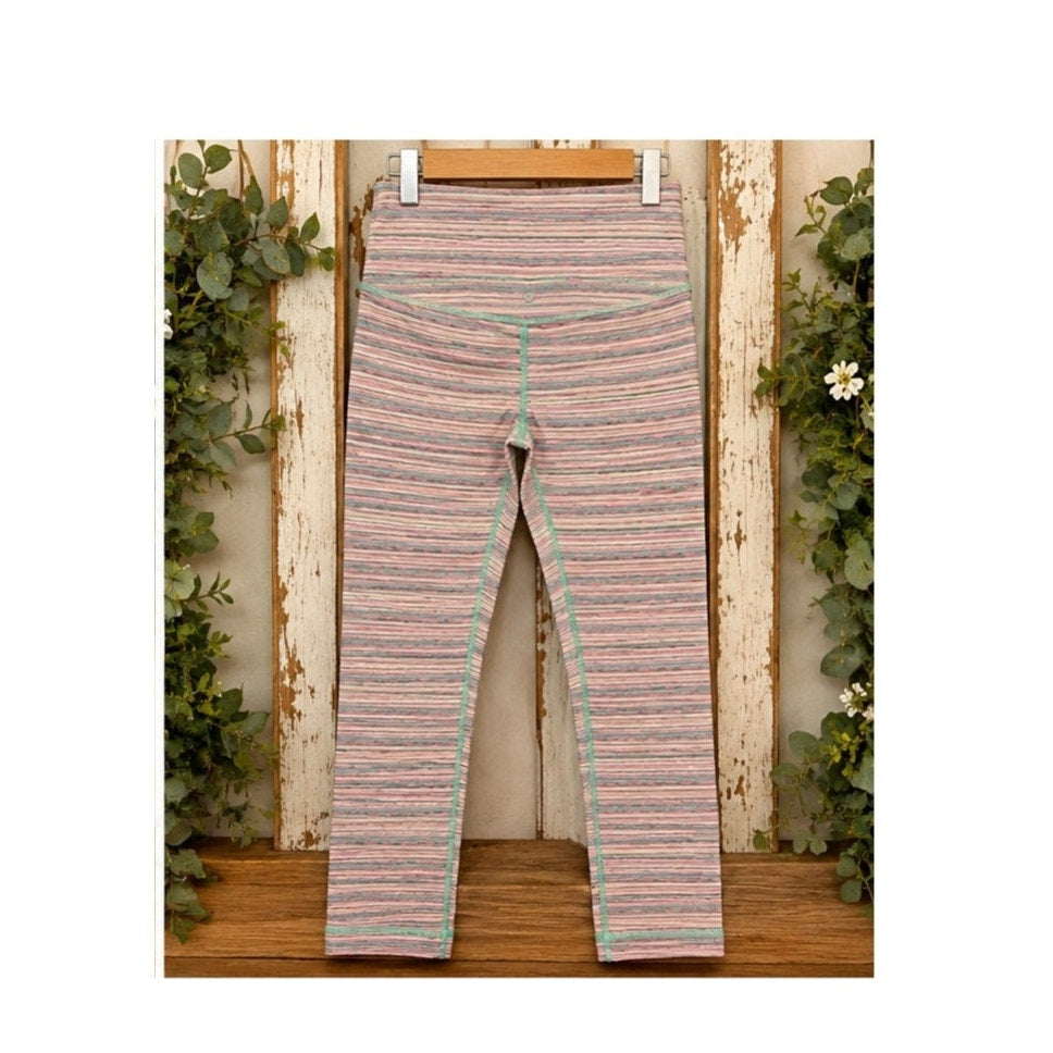 Lululemon Wunder Under Crop III Cyber Stripe Pink Green Leggings Sz 8