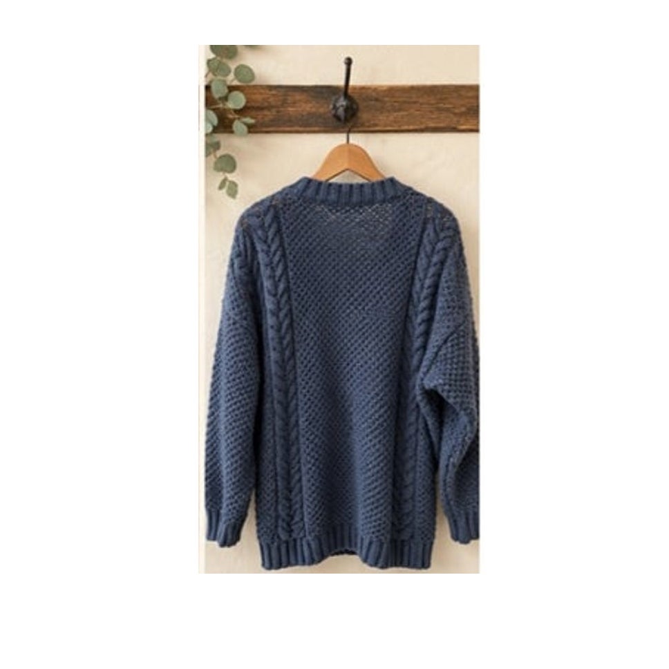 VTG 90s Chunky Wool Cable Knit Cardigan Grandpa Sweater Blue L M