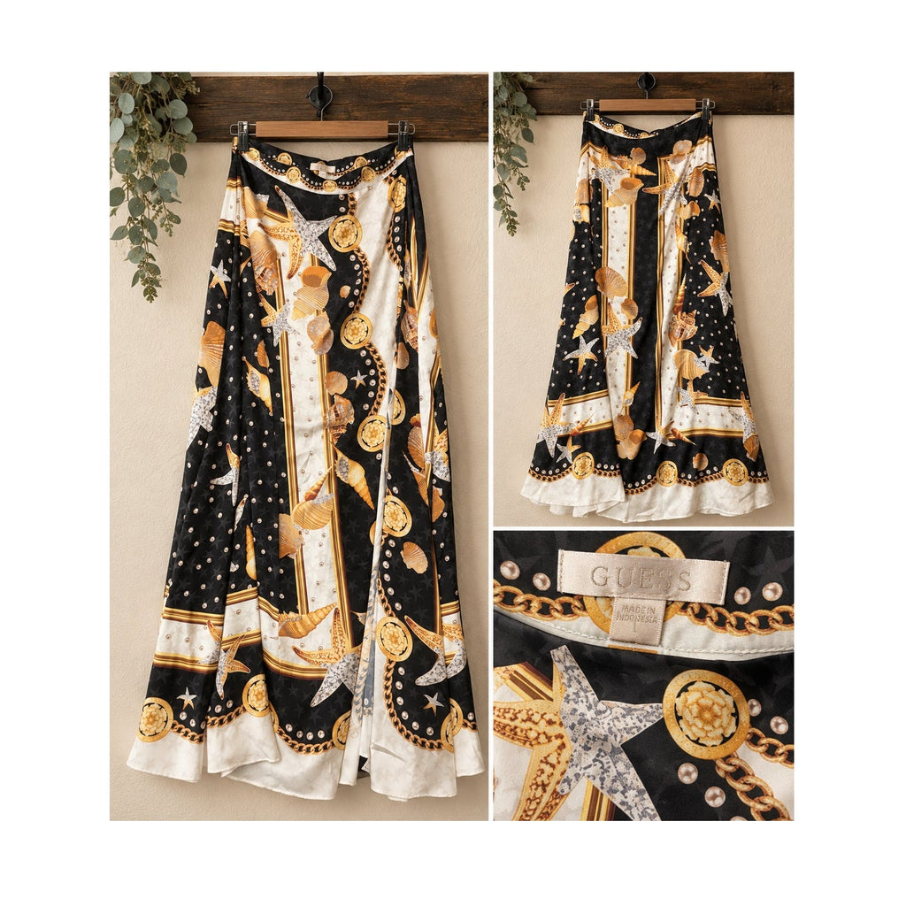 GUESS Dora Black Gold Seashell Starfish Chain Scarf Print Maxi Skirt L