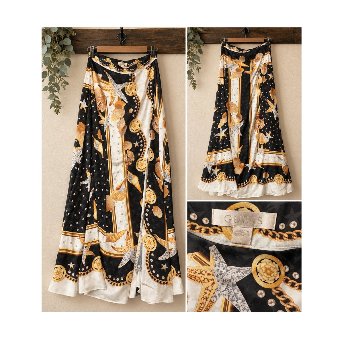 GUESS Dora Black Gold Seashell Starfish Chain Scarf Print Maxi Skirt L