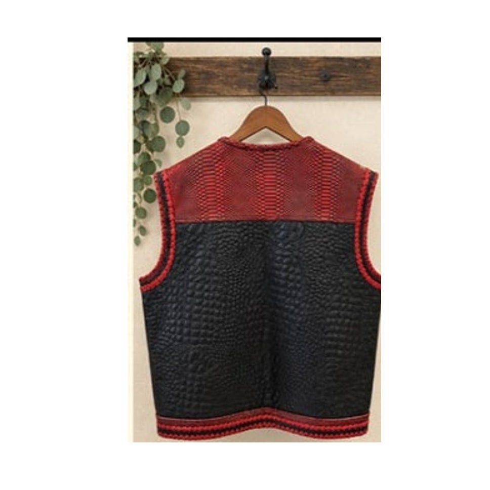 Mens 3XL Cowhide Leather Biker Vest Black Croc Red Embossed